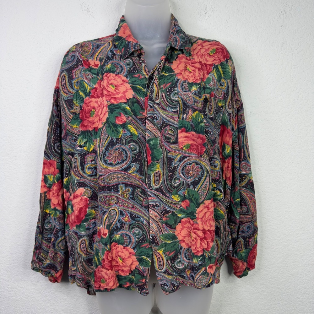 Vintage Shirt Junction Shirt Womens XL Colorful Paisley Tropical Boho Hippie 90s